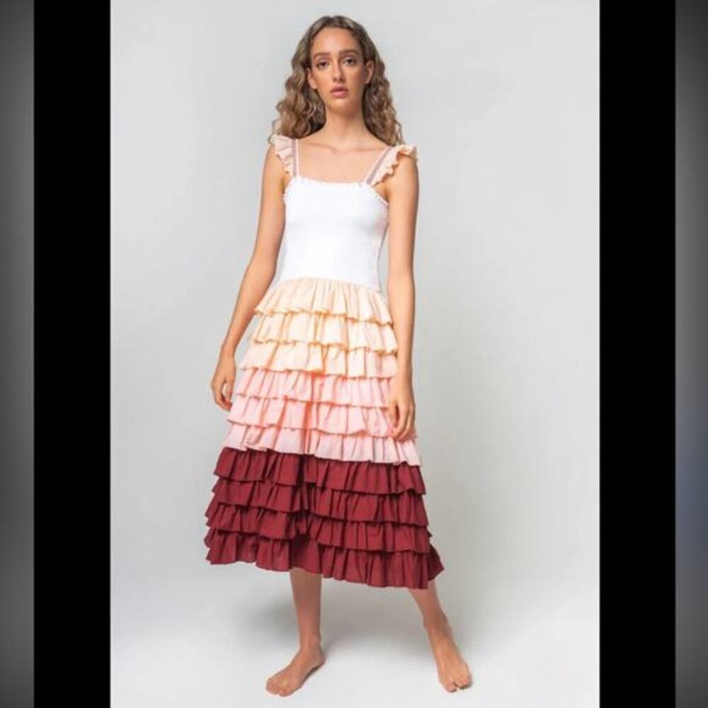 Pitusa Smocked Tiered Ruffle Midi Dress Pima Cotton Standard